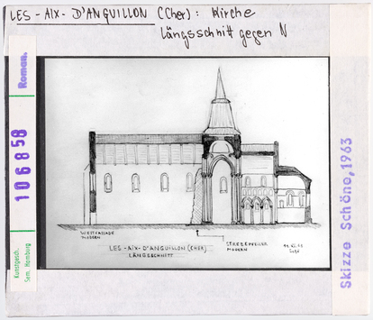 Vorschaubild Les-Aix-d'Angillon: Pfarrkirche Saint-Germain, Längsschnitt nach Norden, Skizze Wolfgang Schöne 1963 